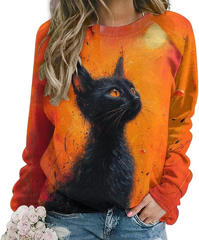 Long Sleeve Shirts for Women Cat Oil Painting Shirt 3D Graphic Sweatshirts Fall Pullover Crewneck Vintage Boho Tops