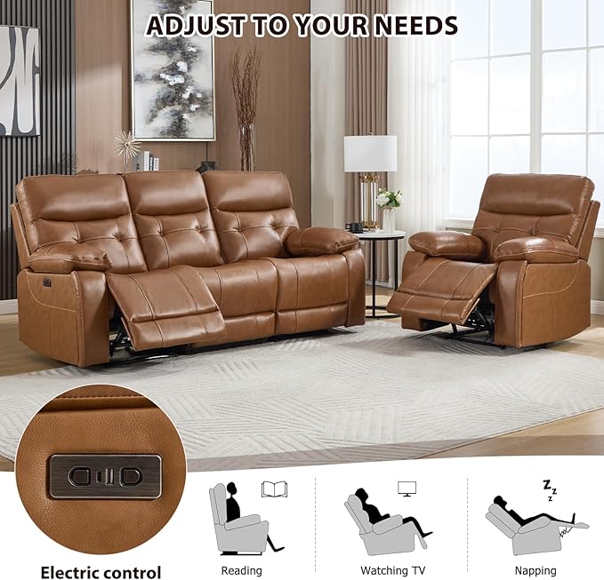 CANMOV Genuine Leather Power Recliner Sofa Set,Power Recliner Chair and Sofa Set, 2 Pieces Leather Couch with Storage Console, USB Ports, Cup Holders for Living Room,Brown