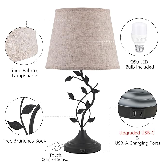 Kakanuo USB Touch Table Lamp Bedside Lamp with USB C Charging Ports for Living Room, Beige 3 Way Dimmable Traditional Nightstand Lamp Retro Table Lamp for Bedroom and Office (LED Bulb Included)