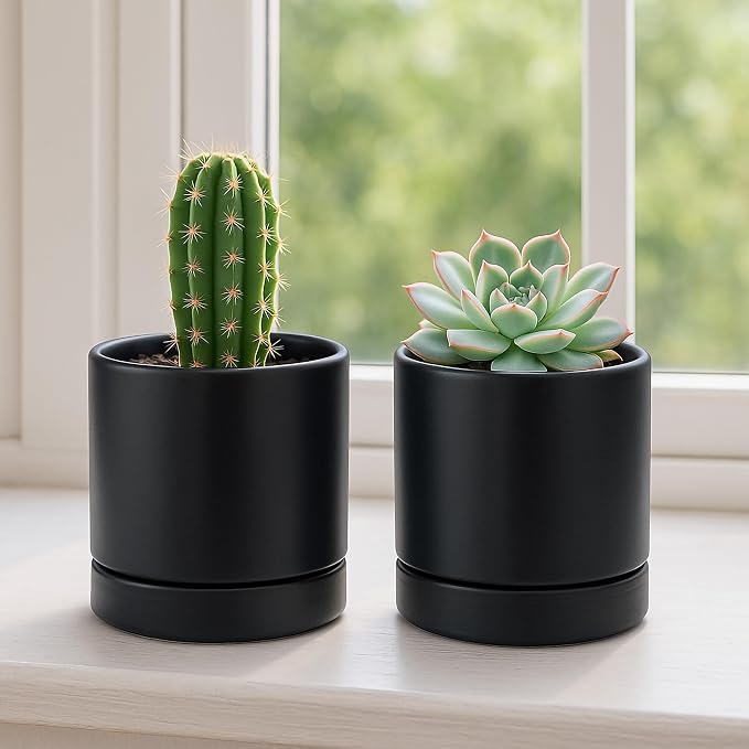 D'vine Dev Set of 2 Plants Pot, 4.7 Inch Ceramic Planter Pot for Plants with Drainage Hole and Saucer, Black, 94-V-B-2