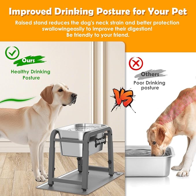 1.85 Gallon Elevated Large Dog Water Bowl with Mat, 4 Height Adjustable 12-17", Raised Dog Water Bowl Stand for Large Breed