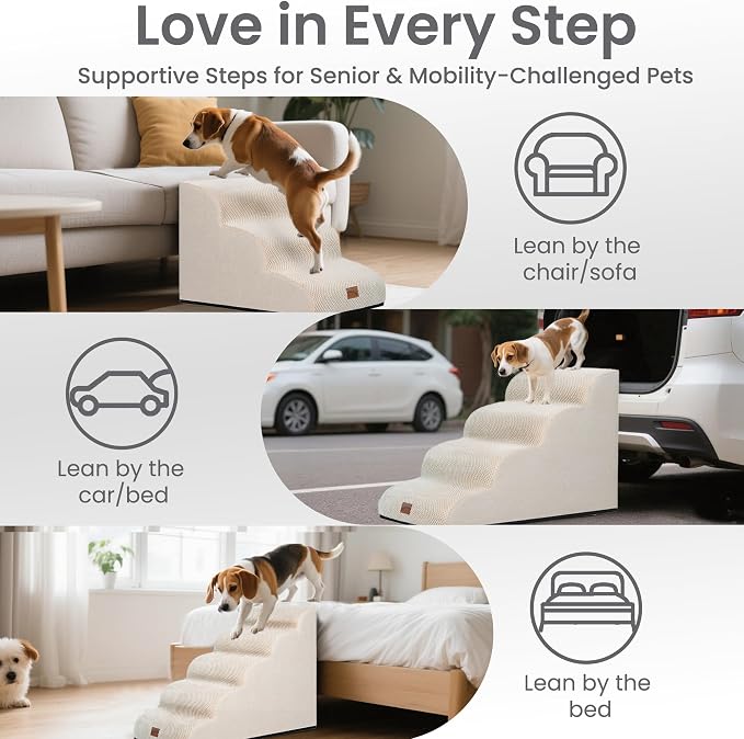 GoGoBunny Waterproof High Density Foam Curved Dog Stairs for High Beds Couches 19.7" H, 4-Step Ramp Dog Steps Friendly to Small Medium Dogs or Pets Joints, Non-Slip Balanced Durable Pet Step, Beige