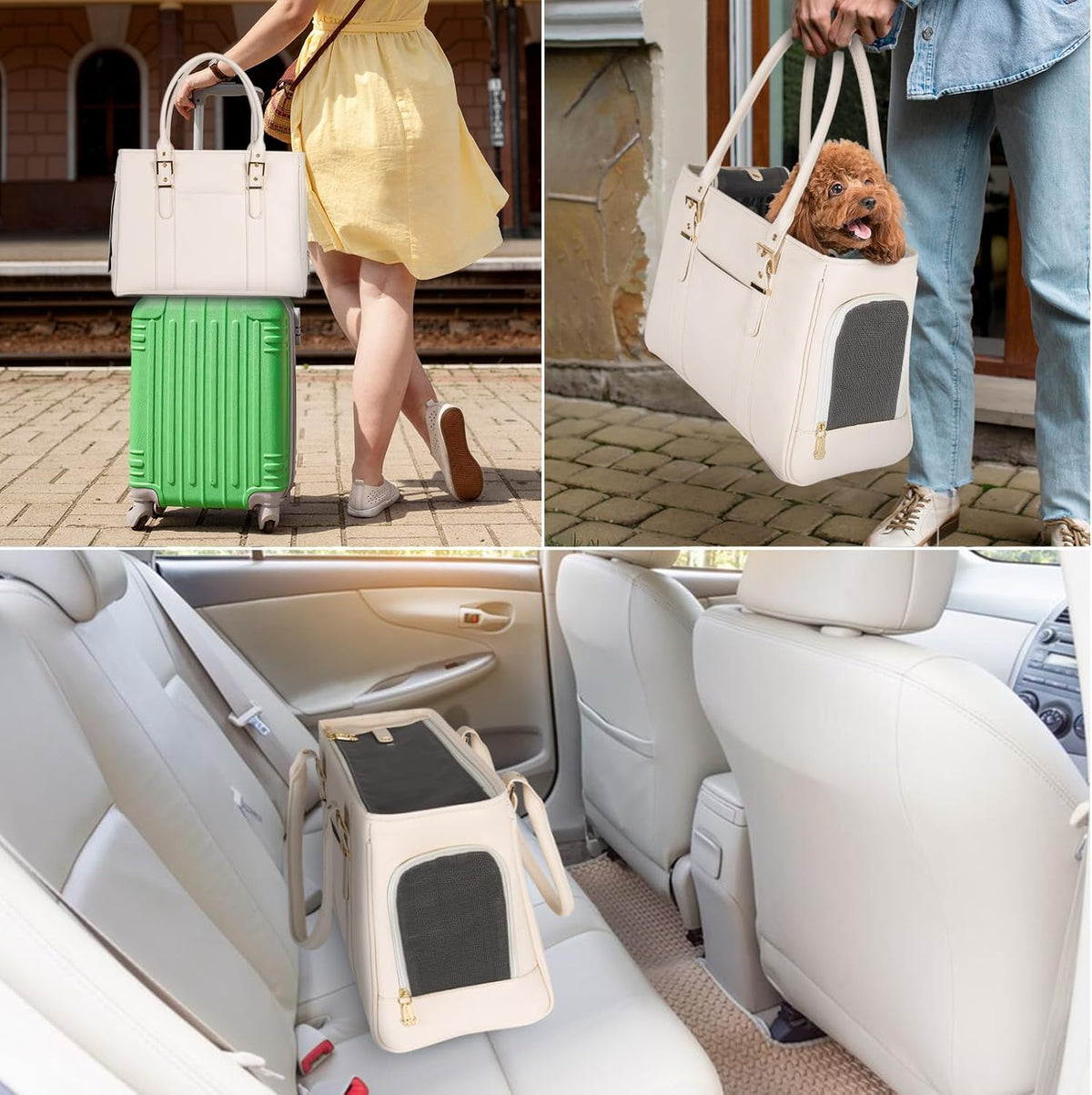 Fashion Pet Carrier Dog Purse Cat Bag Soft-Sided Carriers Travel Airline Approved, Stylish Leather Tote Handbag for Small Animal Puppy Kitten (White)