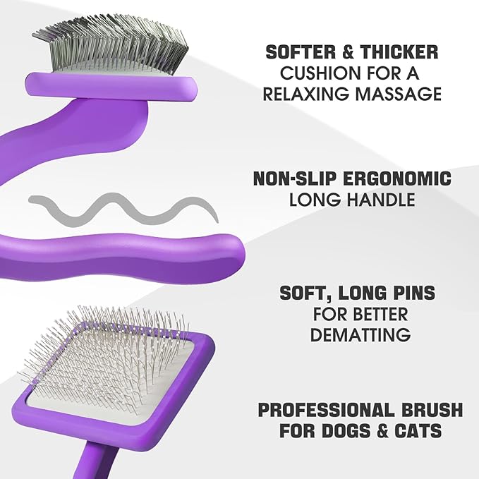 Dog Slicker Brush for Dogs Grooming Kit 4PCS | Large Dog Brush for Goldendoodles Poodles Doodles | Long Pin Haired Brush | Poodle Brushes and Comb (Purple)
