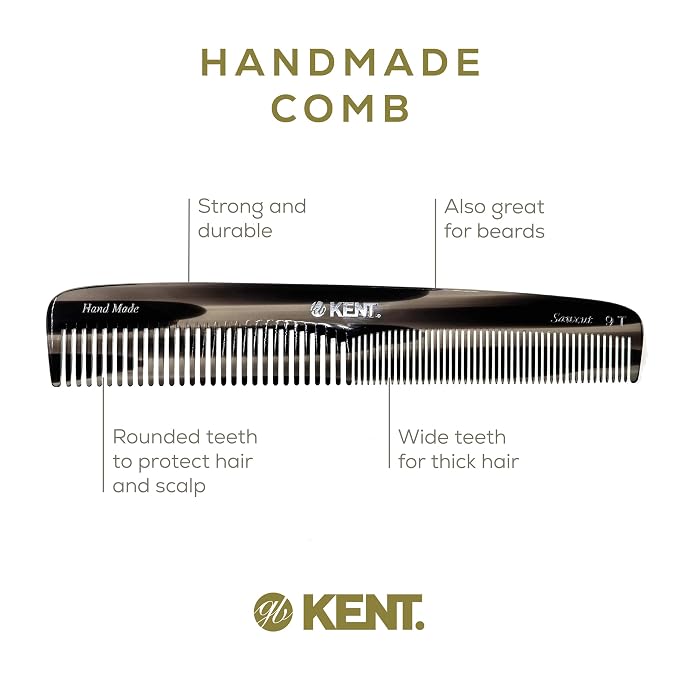 Kent 9T Graphite Fine and Wide Tooth Comb Detangler - Large Handmade and Saw-Cut Dressing Comb - Wet Hair Comb for Women and Durable Grooming Combs for Men Made in England