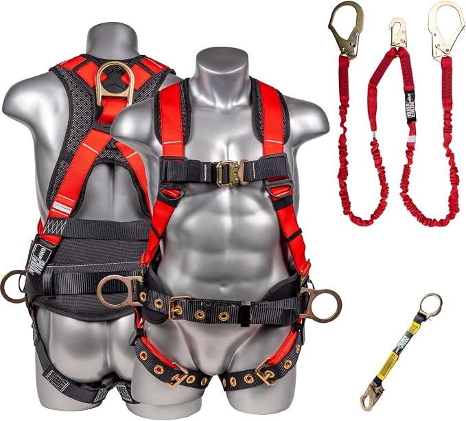 Fall Protection Hammerhead Kit I 5pt Safety Harness, 6' Double Leg Lanyard, 18" D-Ring Extender (Red - SM)