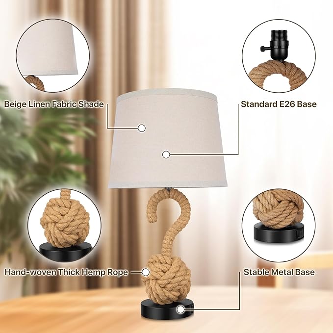 2-Pack 22" Rope Lamps for Night Stands, Boho Table Lamps for Living Room Bedroom Guest Room, 3-Color Temperatures Rattan Lamp with Rotary Switch, Bedside Lamp with USB Ports, 2 Bulbs Included