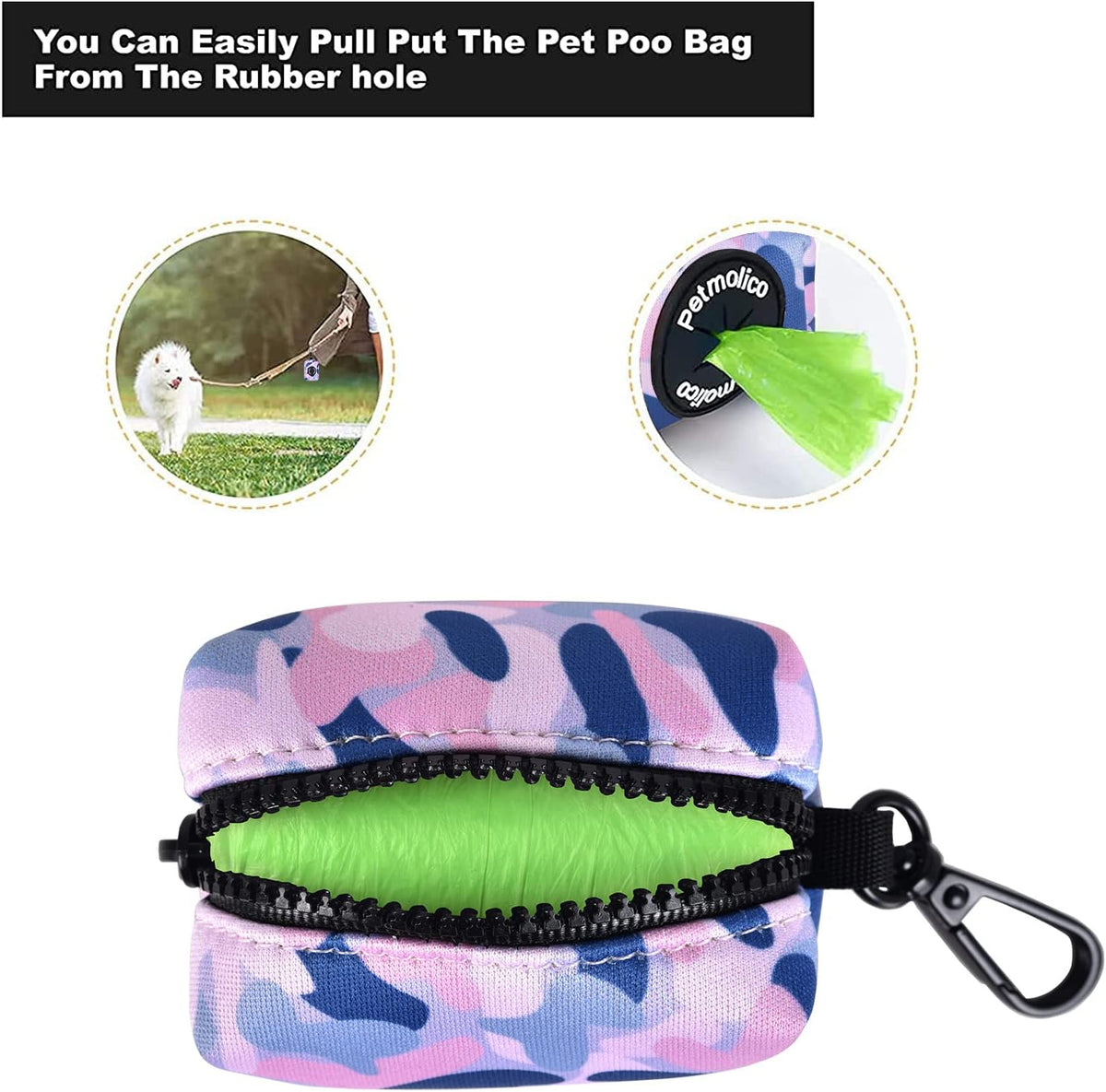 Petmolico Dog Poop Bag Holder Leash Attachment, Waste Bag Dispenser Zippered Pouch, Fits Any Leash, Includes Free Roll of Bags, 2 Pack - Blue Pink Camouflage