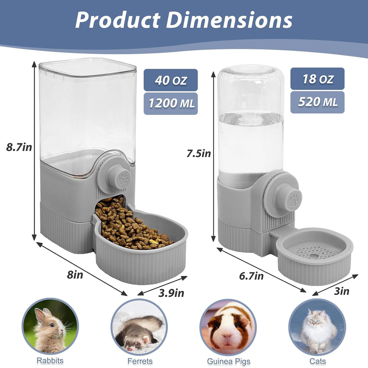 Fhiny Rabbit Food & Water Dispenser, Large Capacity Gravity Guinea Pig Feeder and Waterer Set Hanging Automatic Bunny Feeder for Cage for Bunny Guinea Pig Chinchilla Ferret Cat Puppy