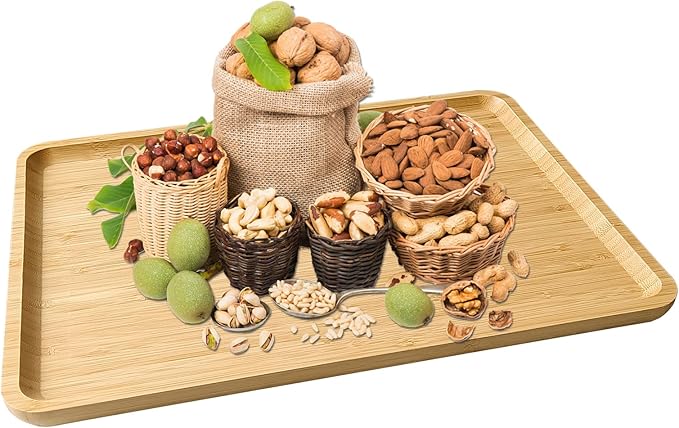 Bamboo Serving Tray Rectangle Platter Breakfast Dinner Food Bed Tray for Eating Kitchen Restaurants (1, 15.7" x 12.8" x 0.8" (no Handle))