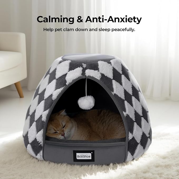 BALANCE Cat Beds for Indoor Cats, 2-in-1 Cat Bed Cave with Anti-Slip Bottom and Ultra-Soft Plush, Cozy Cats House Tent for Kittens and Small Dogs, 21 Inches, Dark Grey