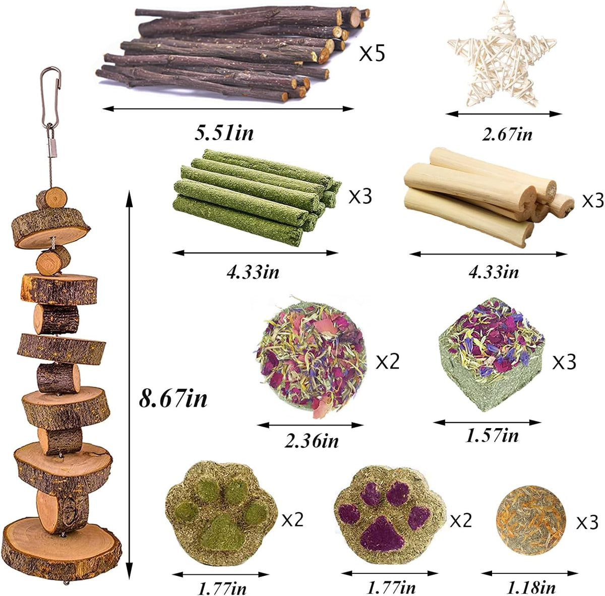 Grddaef Rabbit Toys, Guinea Pig Toys 25 Pcs Natural Timothy Hay Bunny Chews and Treats for Hamster Chinchilla Gerbil