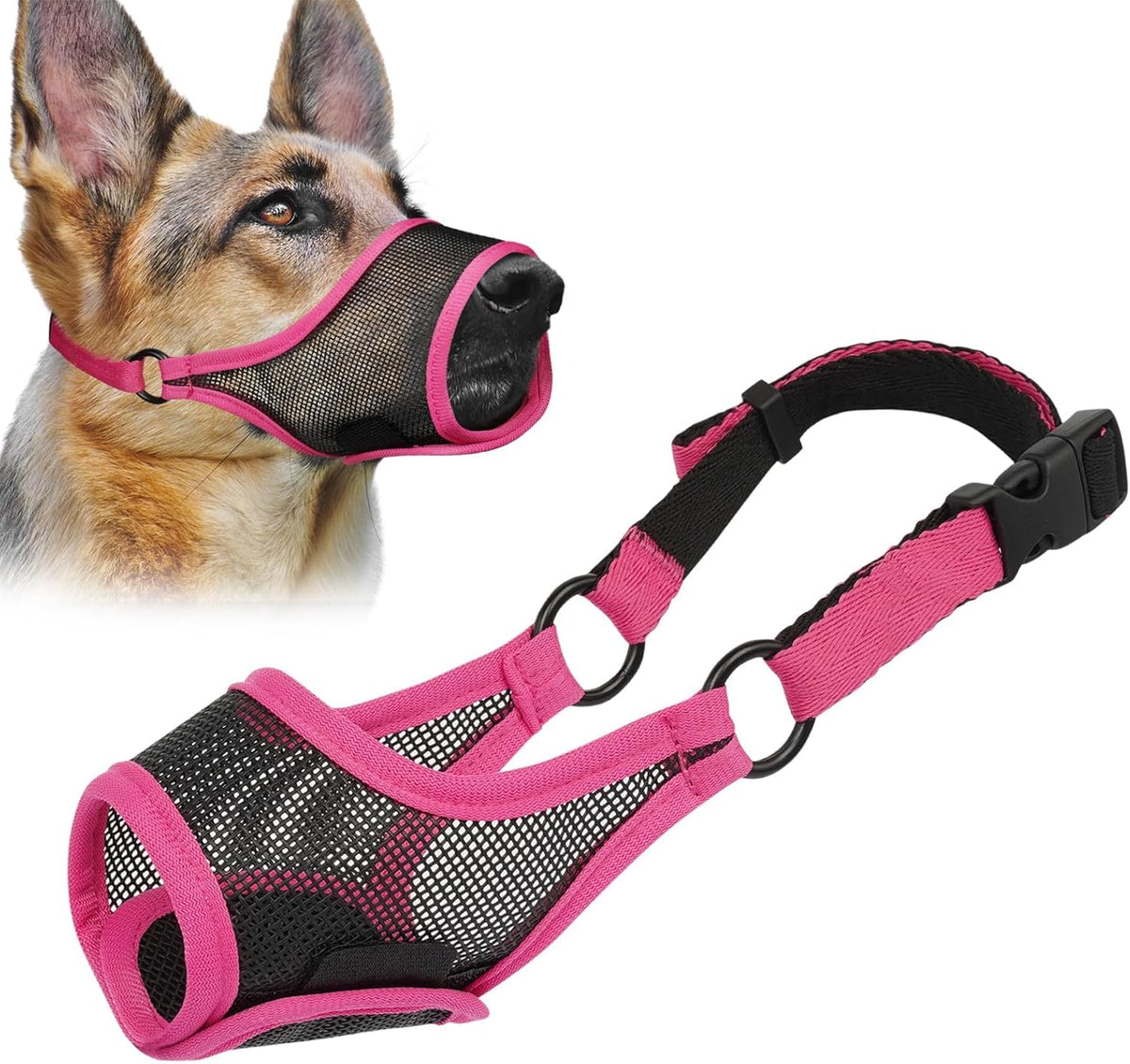 LUCKYPAW Dog Muzzle, Mesh Muzzle for Large Medium Small Dogs, Soft Mouth Guard for Biting Chewing, Breathable Mouth Guard with Adjustable Strap for Training(Hot Pink, XS(Snout:6.5"-7.5"))