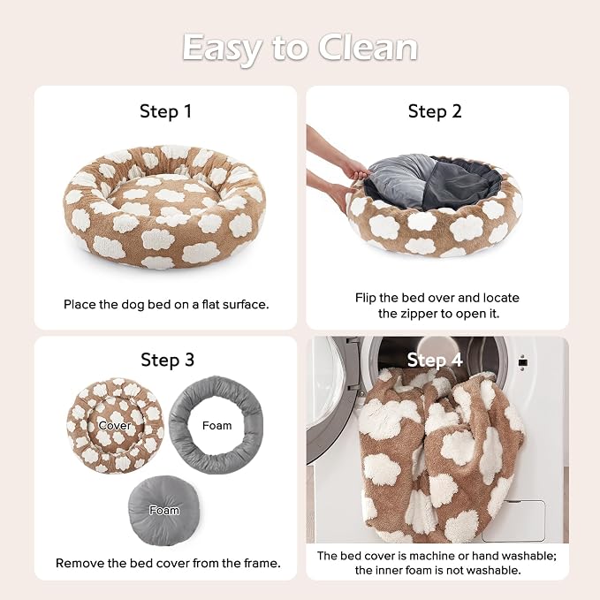 JOEJOY Jacquard Donut Round Dog Beds Large Sized Dog, Brown 36x36x8in, Removable Washable Cover, Cute Pattern, Ultra Soft Fluffy Calming Pet Bed with Thick Supportive Bolster