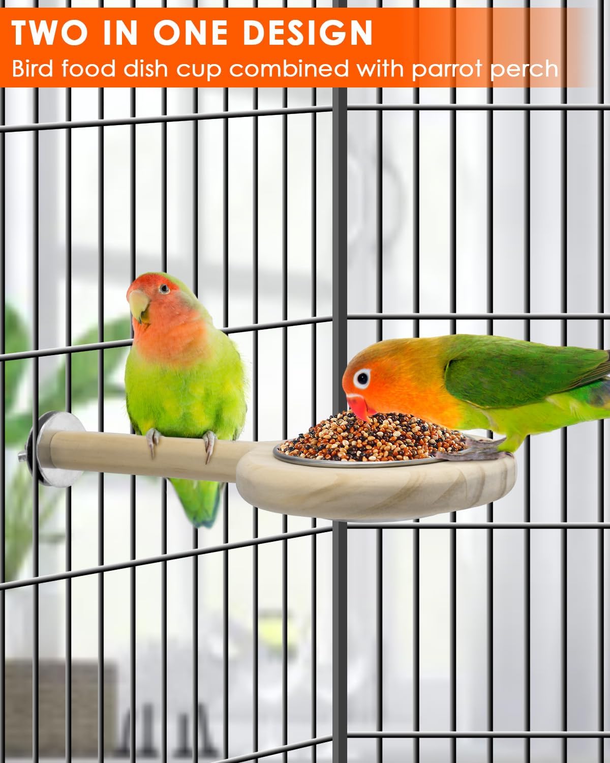 KATUMO Bird Perch Feeding Cup Birds Platform Parrot Wood Perch Stand Toy Cage Accessory for Parakeet Lovebird Cockatiel Conure Budgie Small Parrots (L Perch (Pack of 2))