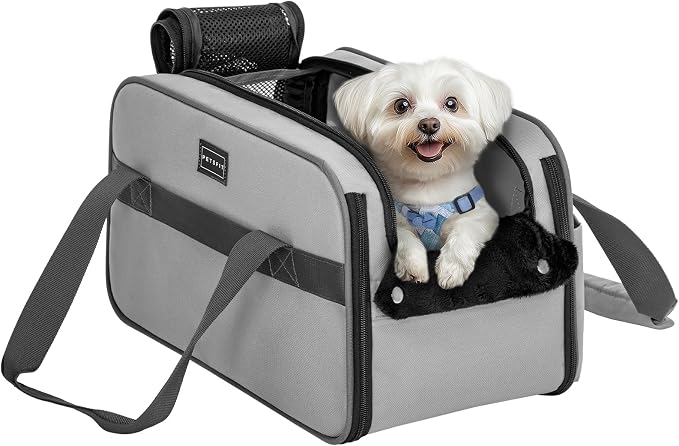 PETSFIT Multipurpose Console Dog Car Seat, Portable Small Dog Car Seat for Dogs, Cat Carrier, Pet Carrier Airline Approved with Safety Tether and Pockets (Light Grey)