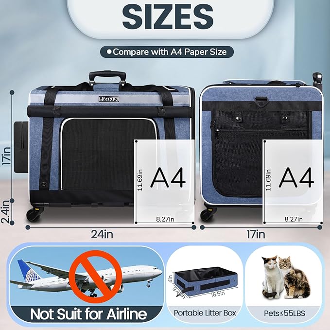 Petskd Extra Large Cat Carrier with Wheels and Litter Box, 24"x17"x17" Rolling Soft Carrier Until 55LBS Pets with 5 Breathable Mesh Windows and Locking Zippers for Long Distance Car Travel(Blue)