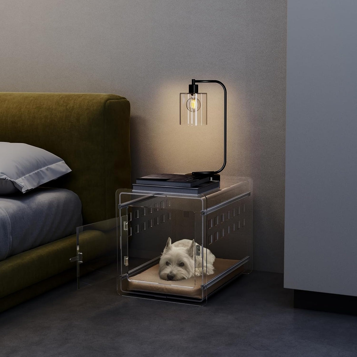 Sumerflos Clear Acrylic Dog Crate - Modern Dog Kennel Furniture, Indoor End Table Dog Crate Lockable Ventilated for Most Small Dog Cat Pet, 24.05" L x 17.99" W x 20" H