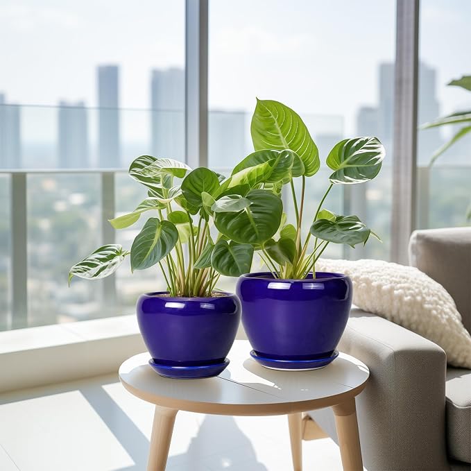 Flower Pots for Indoor Plants- Ceramic Pots for Plants 10 Inch 8 Inch 6 Inch Plant Pots with Drainage Holes and Saucers Decorative Large Planters for Outdoor Plants Set of 3 Blue
