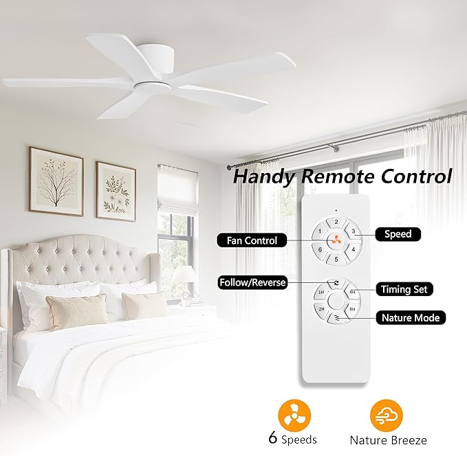 WINGBO 48" Flush Mount DC Ceiling Fans Without Lights, 5 Carved Solid Wood
