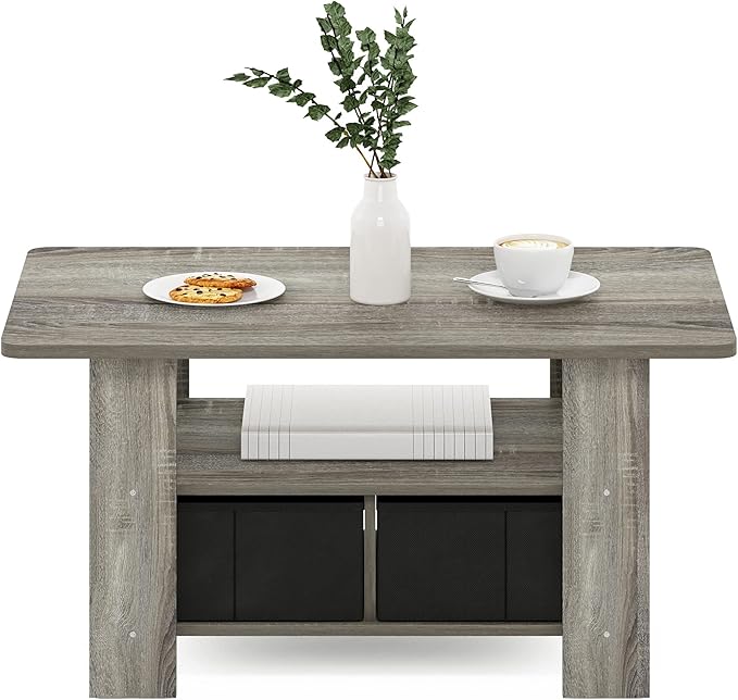 Furinno Andrey Coffee Table with Bin Drawer, French Oak Grey/Black