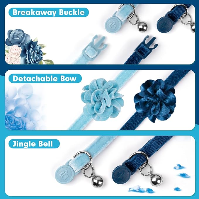 azuza 2 Pack Cat Collar Floral with Bell and Removable Flower Bowtie Breakaway Adjustable Velvet Fabric Cat Collar for Pets and Daily Decoration，Blue & Royal Blue
