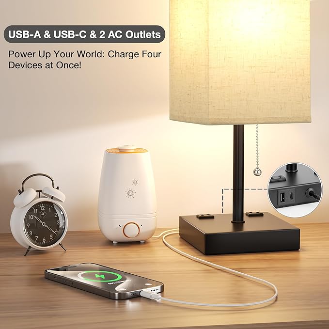 aooshine Beige Table Lamp for Bedroom - 3 Color Temperature 3000K 5000K 4000K Bedside Lamp, Pull Chain Control, USB A and C Ports, AC Outlets, Bulb Included, Medium