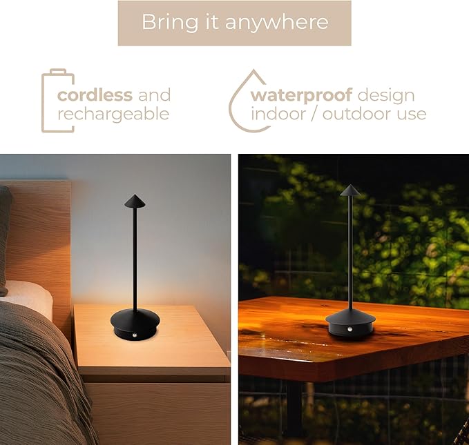 Arrrow LED Cordless USB-C Re-Chargeable Desk Lamp, 5200mAh Battery Operated with 3 Color Temperature 2700K-3000K-3500K and Fingertip Touch On/Off Plus Dimming in Black (Pack of 2)