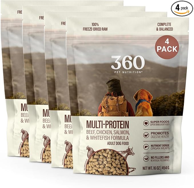 360 Pet Nutrition Freeze-Dried Raw Dog Food – Multi-Protein with Beef, Chicken, Fish & Organs, High Protein, Omega-3s, Fruits, Veggies & Superfoods, Grain-Free, No Fillers 4 x 16 oz Made in USA
