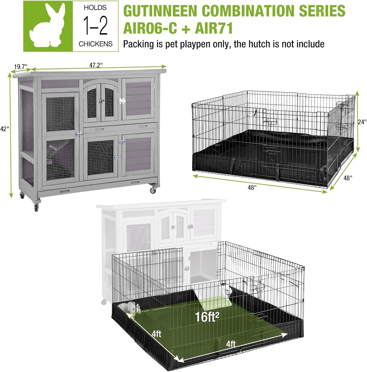 GUTINNEEN Rabbit Pet Playpen Bunny Run Extension Indoor Small Animal Pen (Playpen Only)