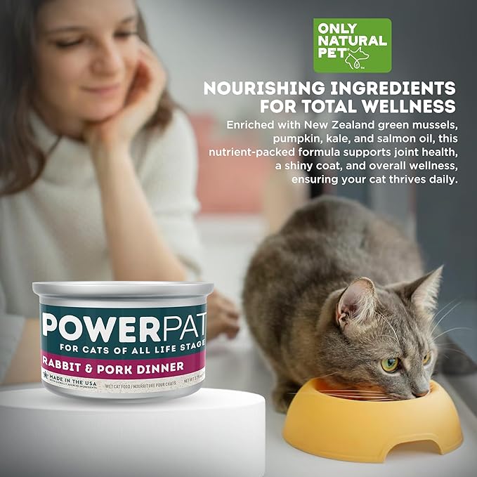 Only Natural Pet PowerPate Grain-Free Rabbit & Pork Wet Cat Food - High Protein, with Hydrating Broth - Healthy Balanced Nutrition for Kittens & Cats of All Life Stages, 2.75 oz Cans, Case of 12 (R)