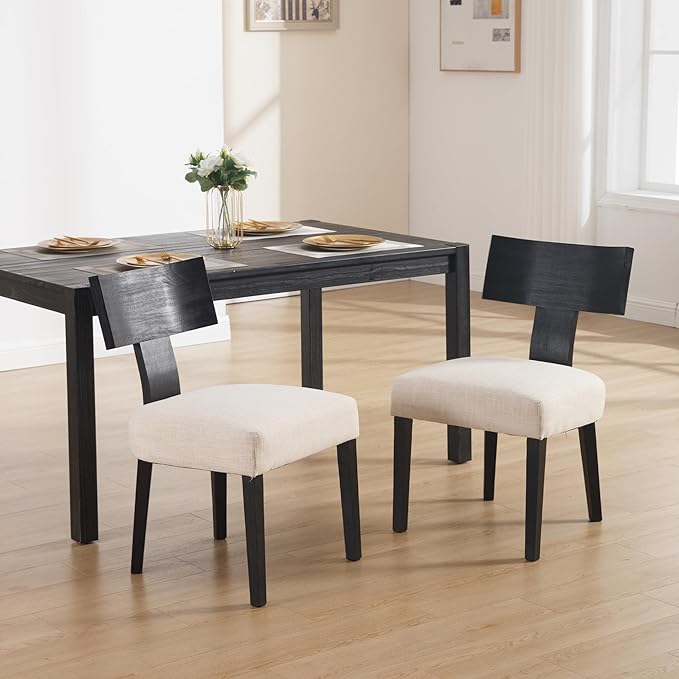 DM Furniture Farmhouse Dining Chairs Set of 6, Linen Fabric Upholstered Kitchen Chairs with Black Distressed Wooden Legs, Comfy Armless Side Chairs for Dining Room/Restaurant, Beige-Black Legs