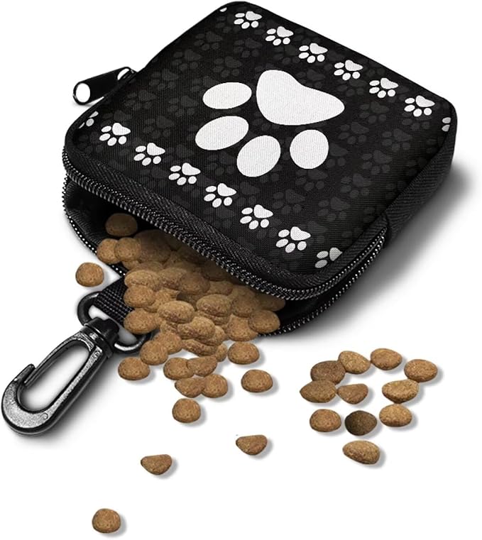 KEIAHUAN White Paw Print Dog Treat Pouch Small Training Bag Portable Dog Treat Bag with Zipper Closure and Carabiner Hands Free Pet Treat Bags Training Pouch Mini Wallet, Black