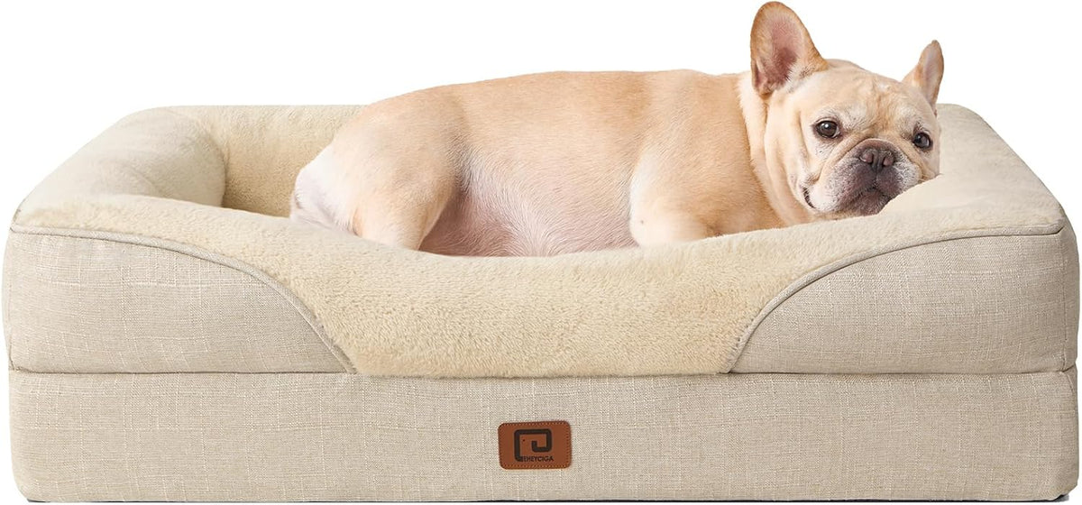 EHEYCIGA Memory Foam Dog Bed for Medium Size, Orthopedic Dog Sofa with Sides and Waterproof Liner, Washable Bolster Pet Bed Couch with Removable Cover, 30x20x6.5 Inch, Beige