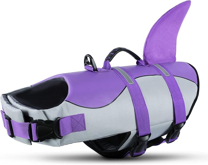 Dog Life Jacket,Dog Life Vest for Swimming,Dog Shark Life Jacket with Rescue Handle,Adjustable Reflective Dog Life Preserver for Small Dog,Purple XS