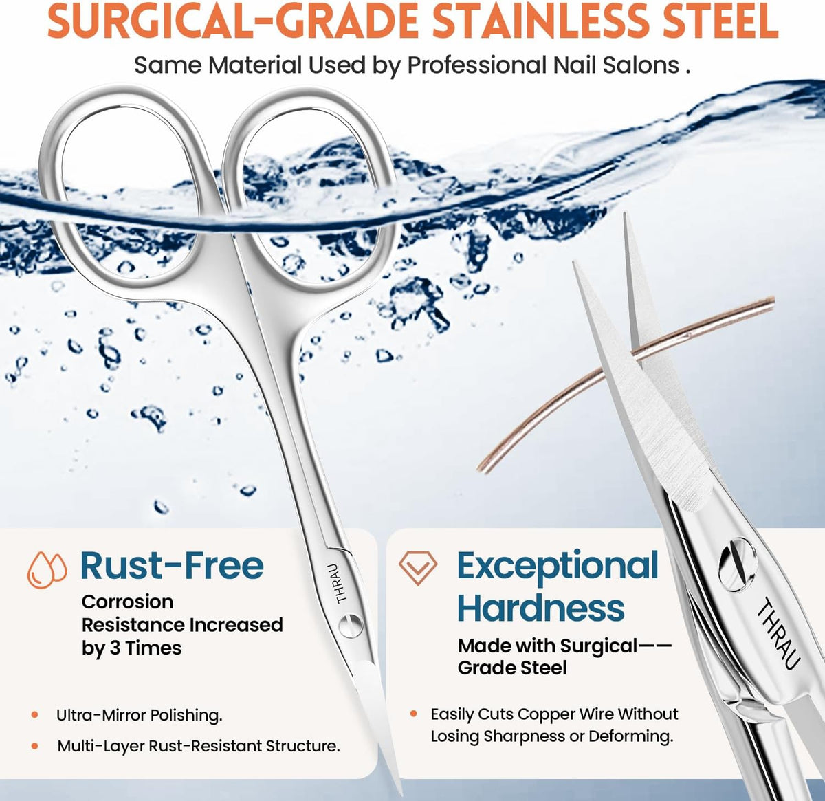 THRAU Right-Handed Cuticle Scissors – Surgical Grade Stainless Steel with Sharp Curved Tip for Cuticles, Nails, Eyebrows, Eyelashes, Nose Hair & Beard – Ideal for Manicure & Precise Grooming