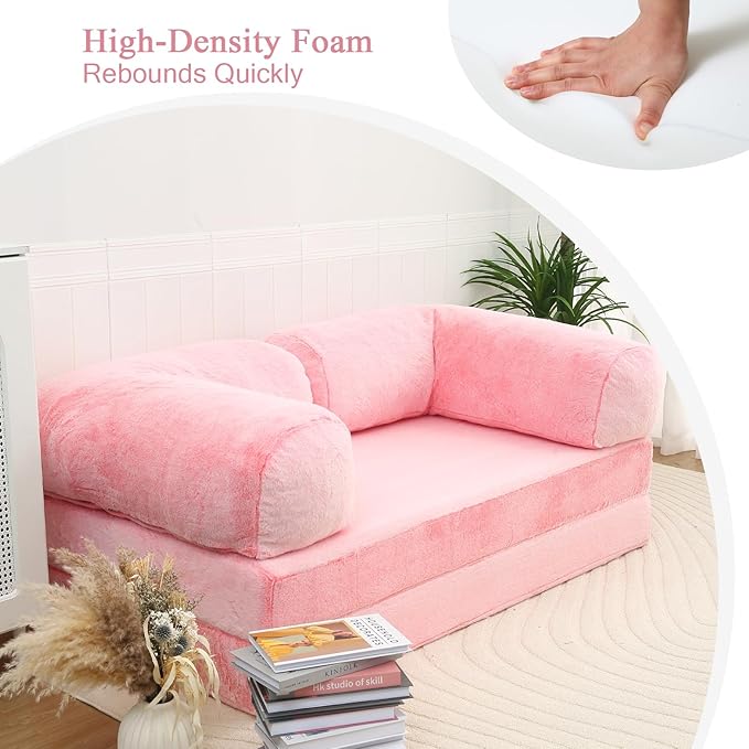 COMAX 4-in-1 Futon Sofa Bed, Queen Size Foldable Couch with L-Shaped Armrests, Convertible Sleeper Chair Bed, Comfortable Lounge Mattress for Living Room and Bedroom, Snow Pink