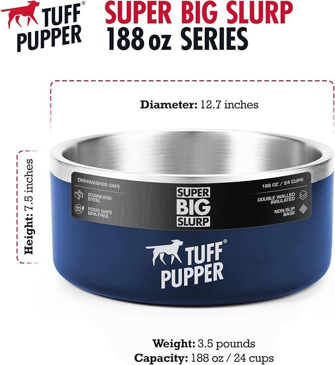 Tuff Pupper Heavy Duty Insulated Dog Bowl | Double Wall Stainless Steel Dog Food Dish | Non-Slip Spill Proof Dishwasher Safe Cat Bowl | Water Dish for Feeding Large Medium Small Pets (188oz, Blue)