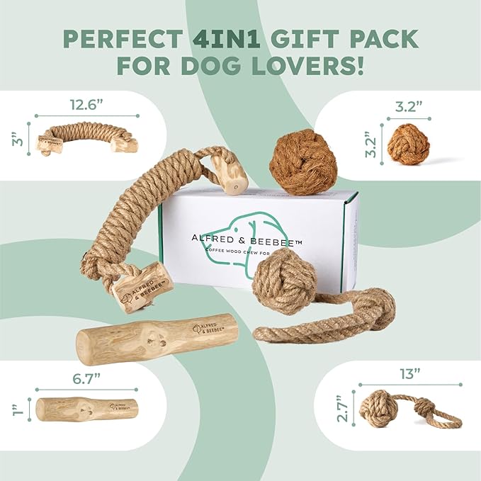 Alfred & Beebee Eco-Friendly Natural Coffee Wood Dog Chew Toy 4 Pack - for Regular Chewers - Dog Dental Chew - Small Medium - Coconut Ball, Rope Stick S - M