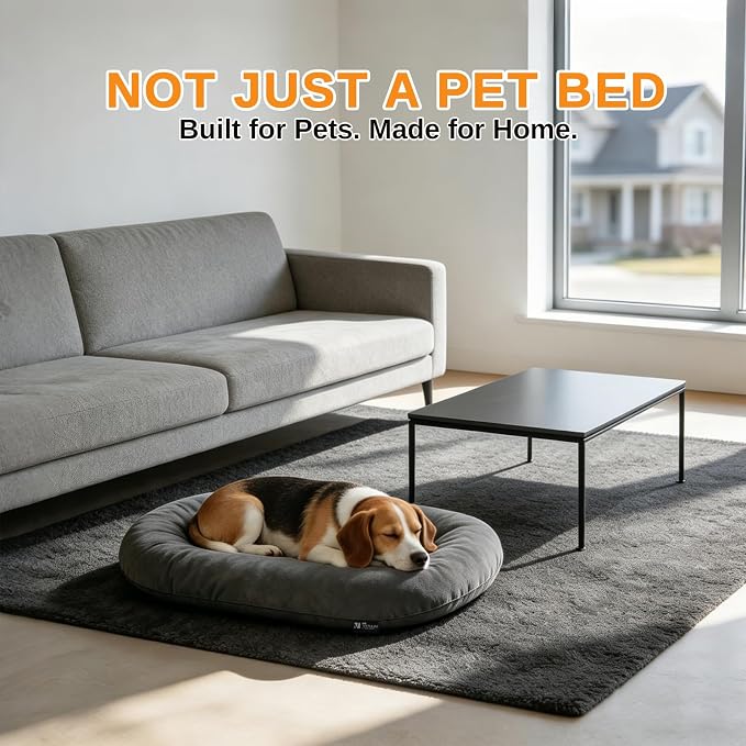 Washable Oval X-Large Dog Bed, Silver-Tipped High-Resilience, Dark Gray | Non-Slip Bottom Prevents Sliding, Soft Plush Short Fur, Machine Washable, Ideal for Crates/Apartments/Cozy Nooks,41"x27"x3.6"
