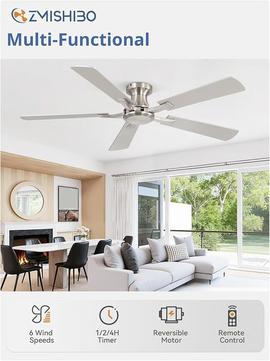 ZMISHIBO 52 Inch Ceiling Fan No Light, Flush Mount Low Profile, Modern Nickel