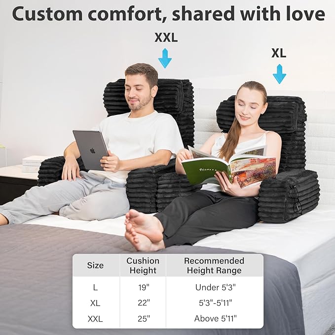 ENITYA 22" XL Ergonomic Bed Pillow for Sitting Up，Backrest Cushion for Reclining,Gaming,Resting,Watching TV,Recovery in Bed, Couch or Floor, Removable Cover, Black