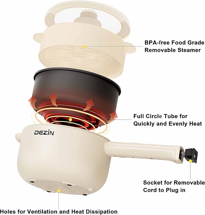 Dezin Electric Cooker, 2L Non-Stick Sauté Pan, Rapid Noodles Cooker, Mini Pot
