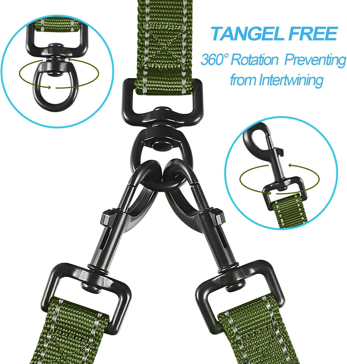 PetBonus Double Dog Leash, No Tangle Dual Leash, Reflective Walking Training Lead, 4 Comfortable Padded Handles for 2 Dogs with Collapsible Bowl and Waste Bags (Khaki Green, Large)
