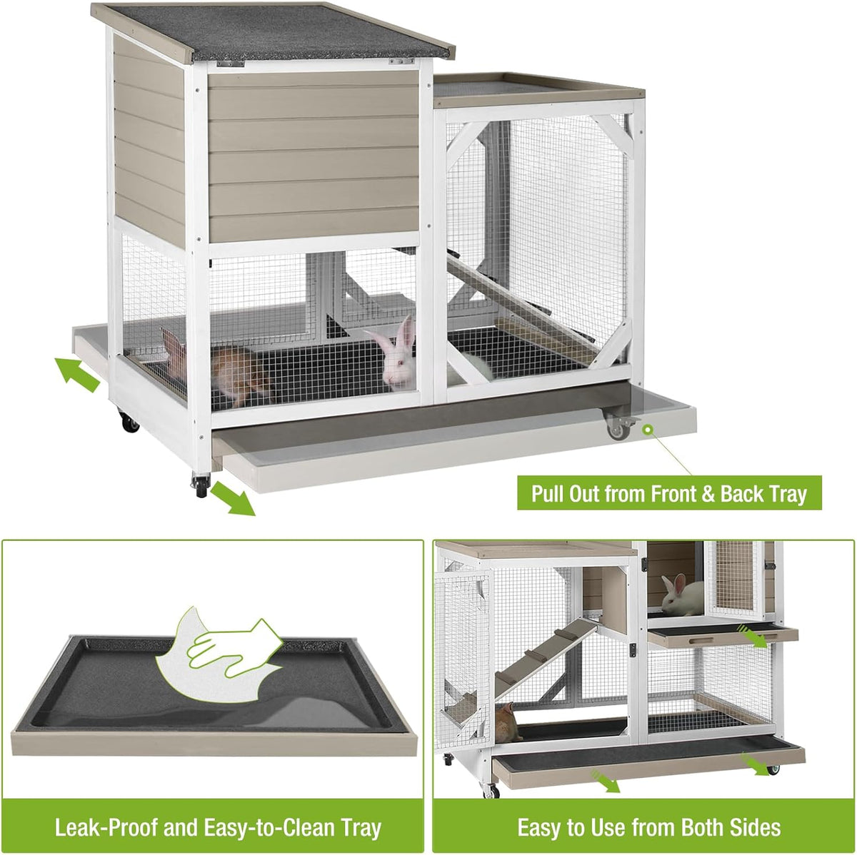 GUTINNEEN 2-Story Rabbit Hutch with Chew-Proof Ramp & Pull-Out Trays - Indoor/Outdoor 39.3" Wooden Rabbit Cage on Wheels for Rabbits, Guinea Pigs (Light Brown)