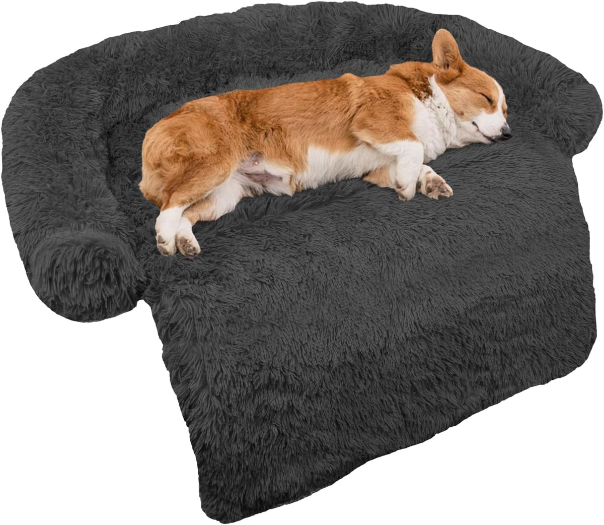 Calming Dog Bed Fluffy Plush Dog Mat for Furniture Protector with Removable Washable Cover for Large Medium Small Dogs and Cats (Medium(41x37x6), Dark Grey)
