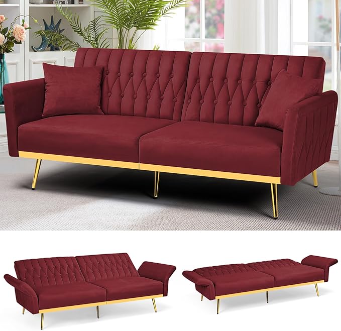 70” Velvet Futon Sofa Bed with 2 Pillows and Adjustable Armrests, Convertible Sleeper Bed W/Adjustable Backrests, Modern Loveseat for Living Room, Bedroom, Red