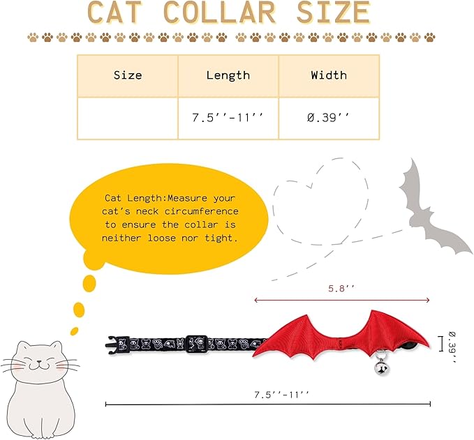 1 PC Bat Wing Cat Collar with Bell, Adjustable Kitten Collar with Safety Breakaway Buckle for Boy&Girl Cats, Halloween Christmas Cat Accessories for Kitten Puppy