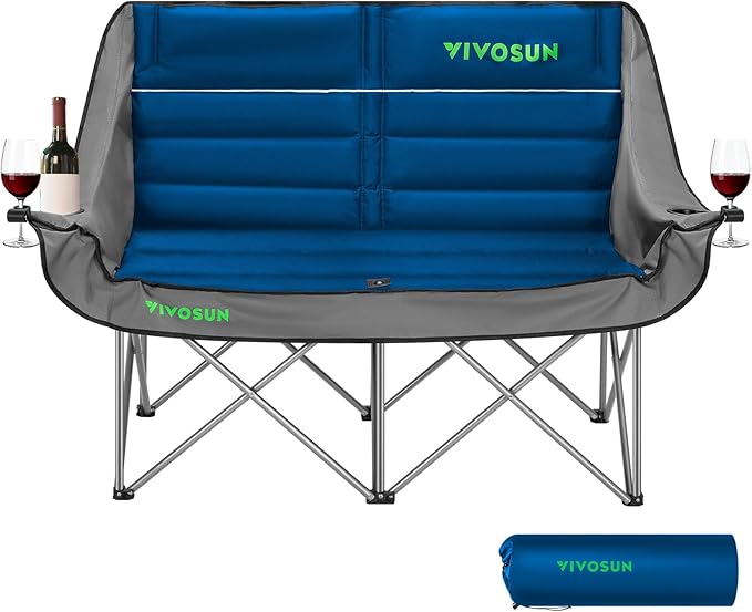 VIVOSUN Double Camping Chair, Fully Padded Folding Loveseat, Oversized Duo Chair with Cup & Wine Glass Holders, Pocket, Armrests & Carry Bag