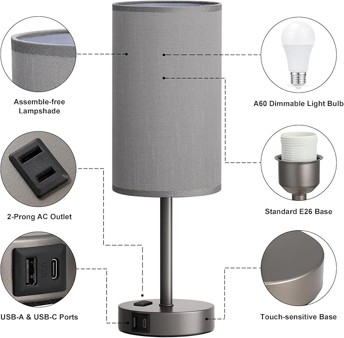 Fenmzee Grey Nightstand Bedroom Lamp - 3 Way Dimmable Bedside Lamp USB C A Charging Ports and AC Outlet, Small Table Lamp Linen Lampshade for Office Desk